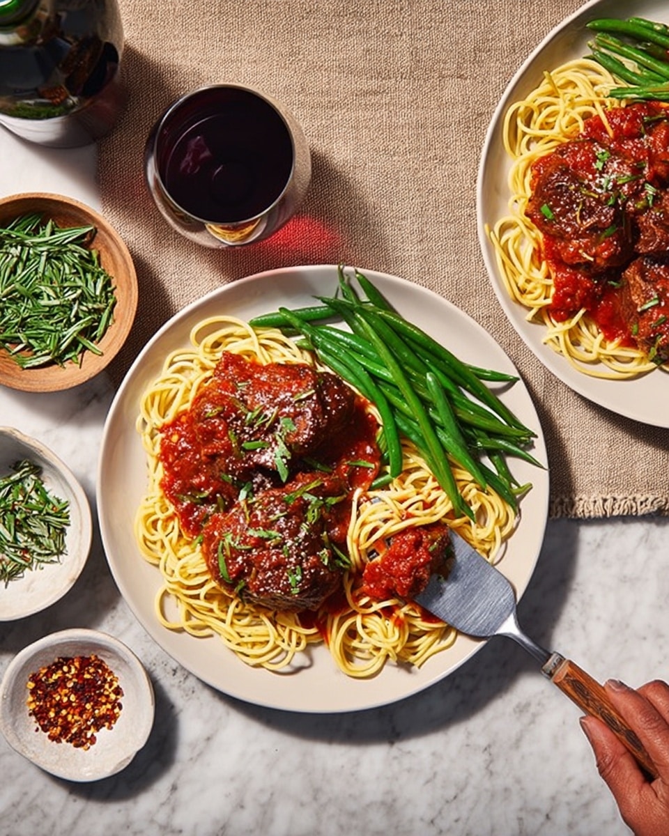 Two plates of food sit on a white marbled textured surface with a beige cloth underneath. Each white plate holds a bed of yellow spaghetti noodles topped with a thick red tomato sauce and two pieces of brown cooked meat. One plate has green beans on the side, while the other plate's side is unclear. Small white bowls with chopped green herbs and red pepper flakes are nearby, along with a woman's hand holding a metal spatula with a wooden handle resting on the plate with more spaghetti. A glass of red wine and a wine bottle are also visible. photo taken with an iphone --ar 4:5 --v 7