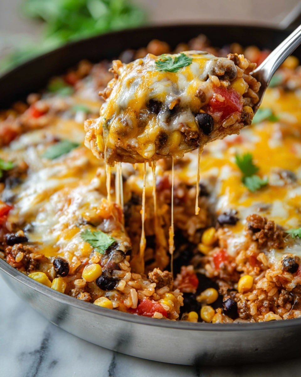 A close-up of a large silver pan filled with a three-layer baked dish. The bottom layer is a mix of cooked ground meat and black beans scattered throughout, showing a rich brown and black texture. The middle layer has small pieces of yellow corn and diced red tomatoes mixed with the meat and beans. The top layer is melted white and yellow cheese that looks creamy and slightly bubbly, spread evenly across the dish. Green fresh cilantro leaves are scattered on top as a garnish. The pan is placed on a white marbled texture with a folded gray and white striped cloth and a large silver spoon nearby. photo taken with an iphone --ar 4:5 --v 7
