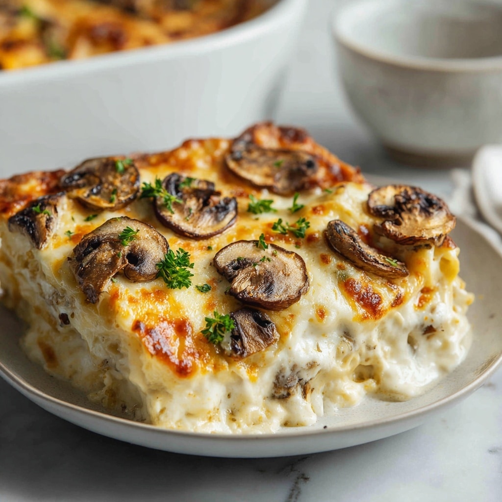 A close-up view of a baked dish in a white ceramic casserole with handles, featuring a top layer of golden melted cheese with browned spots, scattered with cooked brown mushroom slices and small green herb flakes. The cheese layer appears smooth and bubbly with slightly crispy edges, sitting over an unseen base beneath the surface. The background is a white marbled texture, with a blurred white bowl in the corner and a small green leafy garnish out of focus. Photo taken with an iphone --ar 4:5 --v 7