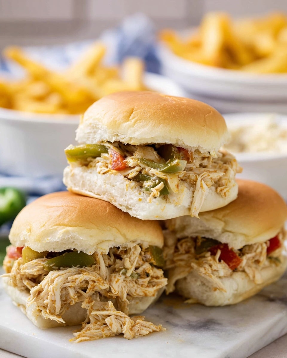 Three soft sandwich sliders are stacked on a white marbled surface, each made with a light golden top bun. Inside each slider, shredded chicken fills the space between the top and bottom bun, mixed with pieces of green bell pepper and a bit of red pepper that add color and texture. The buns are slightly squished, showing the moist and tender filling that spills out at the sides. In the blurred background, there is a white bowl holding yellowish fries and another bowl with a creamy side. Photo taken with an iphone --ar 4:5 --v 7