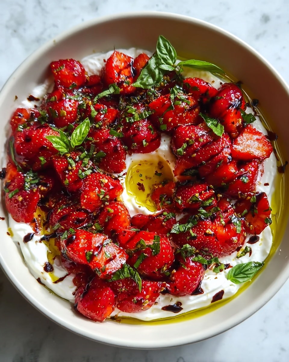 The dish is shown in a white bowl filled with about two layers: the bottom layer is soft, white cream with a smooth, whipped texture, and the top layer is a pile of chopped, bright red strawberries, glistening with a syrupy shine. The strawberries are sprinkled with thin strips of fresh green basil leaves and drizzled with dark balsamic glaze and golden olive oil, creating a striking contrast of colors. The cream has some splashes of the balsamic glaze and oil on top, and the bowl rests on a white marbled surface with a few fresh strawberries and green basil leaves visible in the background. Photo taken with an iphone --ar 4:5 --v 7