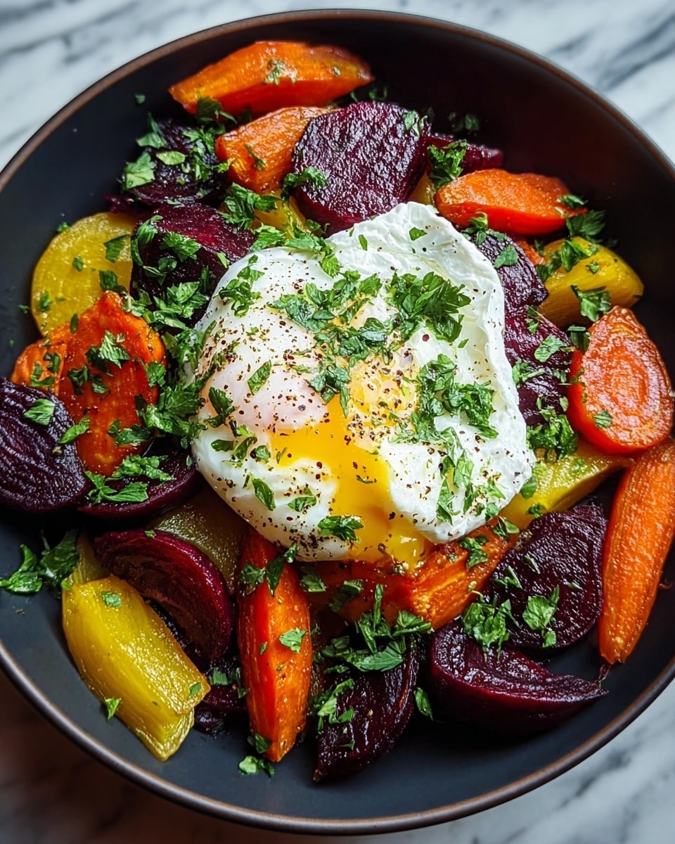 A dark bowl filled with a colorful mix of roasted vegetables including deep purple beet slices, bright orange carrot halves, and yellow beet pieces arranged as the base layer. On top of the vegetables sits a fluffy poached egg with a soft white outer layer and a slightly broken yellow yolk in the center. The entire dish is sprinkled with chopped green herbs and a light dusting of black pepper, giving a fresh and vibrant look. The bowl is placed on a white marbled surface. photo taken with an iphone --ar 4:5 --v 7