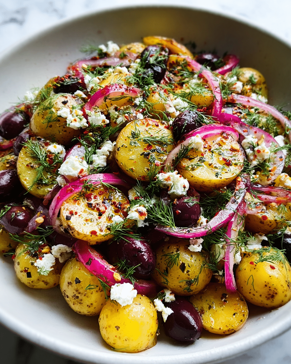 The image shows a white bowl filled with a vibrant salad made of halved baby potatoes in yellow and light brown tones, scattered with dark purple olives and thin rings of red onion. Fresh green dill is sprinkled throughout, along with small crumbles of white feta cheese. The salad is lightly coated with a glossy dressing, speckled with black pepper and red chili flakes, giving the dish a fresh and colorful look. The bowl sits on a white marbled surface. photo taken with an iphone --ar 4:5 --v 7