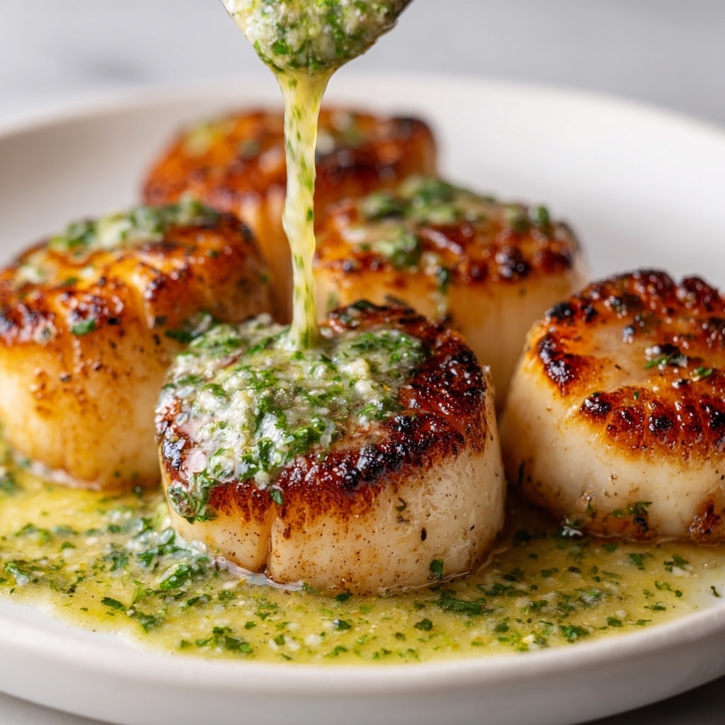 A close-up image shows five large seared scallops with a browned, slightly charred crust sitting on a shallow pool of creamy sauce mixed with green herbs. The scallops are arranged in a small cluster on a white plate with a white marbled texture background. A woman's hand is pouring a thick, herb-filled creamy sauce over the top, dripping down the scallops, adding a fresh green and white contrast on the golden brown surface of the scallops. Tiny green herb leaves are sprinkled over the scallops and sauce, adding texture and color. photo taken with an iphone --ar 4:5 --v 7