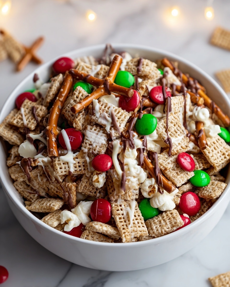 A white bowl is full of snack mix with several visible layers: at the bottom and throughout are light brown, square-shaped cereal pieces with texture lines, mixed with small white popcorn. Bright red and green candy-coated chocolates are scattered across the mix. Thin pretzel sticks with a glossy brown color stick out in different directions. Drizzled on top are streaks of creamy white and smooth dark chocolate, adding a layered look over the cereal and candy pieces. The bowl sits on a white marbled surface with soft, warm light in the background. photo taken with an iphone --ar 4:5 --v 7