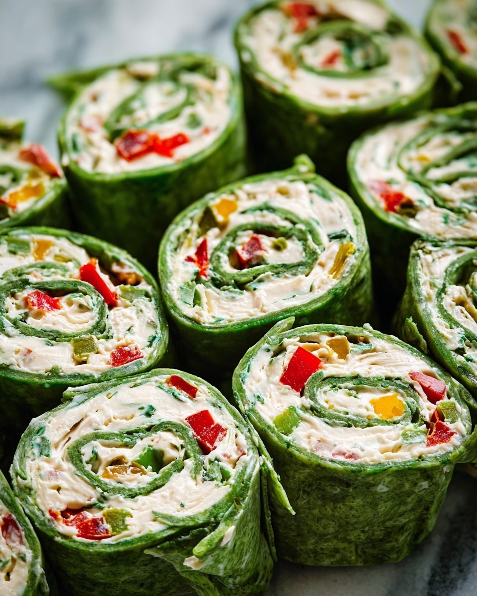 A white plate with a group of 15 pinwheel wraps stacked in the shape of a Christmas tree, made of three layers: the bottom layer with seven pieces, the middle with six pieces, and the top with two pieces plus a small yellow star-shaped garnish on top; each wrap is green with visible layers of white cream filled with small diced red, orange, and green vegetables, showing a spiral pattern in the cross-section, all placed on a white marbled textured surface photo taken with an iphone --ar 4:5 --v 7