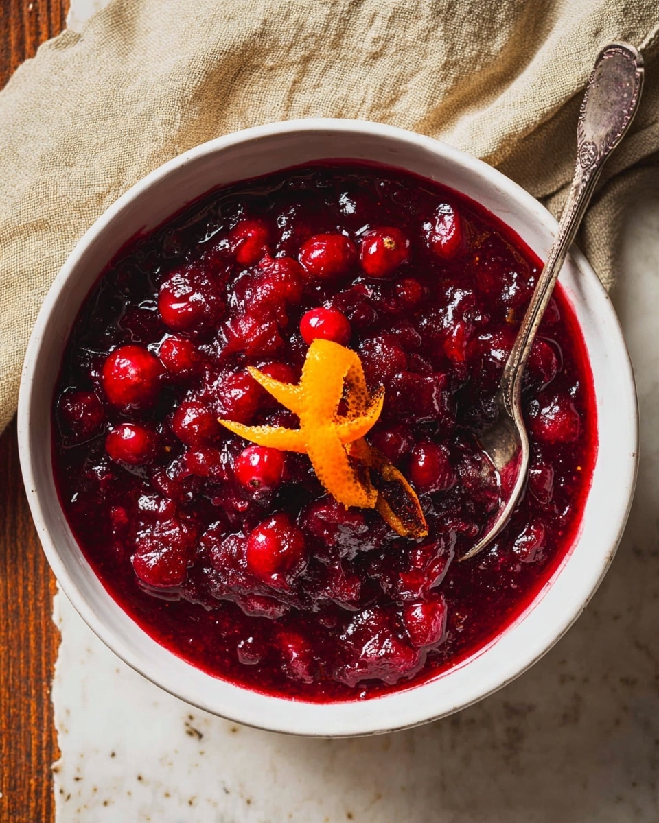 A white bowl filled with a thick layer of whole, shiny red cranberries in a deep red sauce, topped with two pieces of light orange citrus peel in the center. The bowl sits on a dark wooden surface with green pine needles scattered around, and blurred silver spoons and a crumpled beige cloth are in the background. photo taken with an iphone --ar 4:5 --v 7