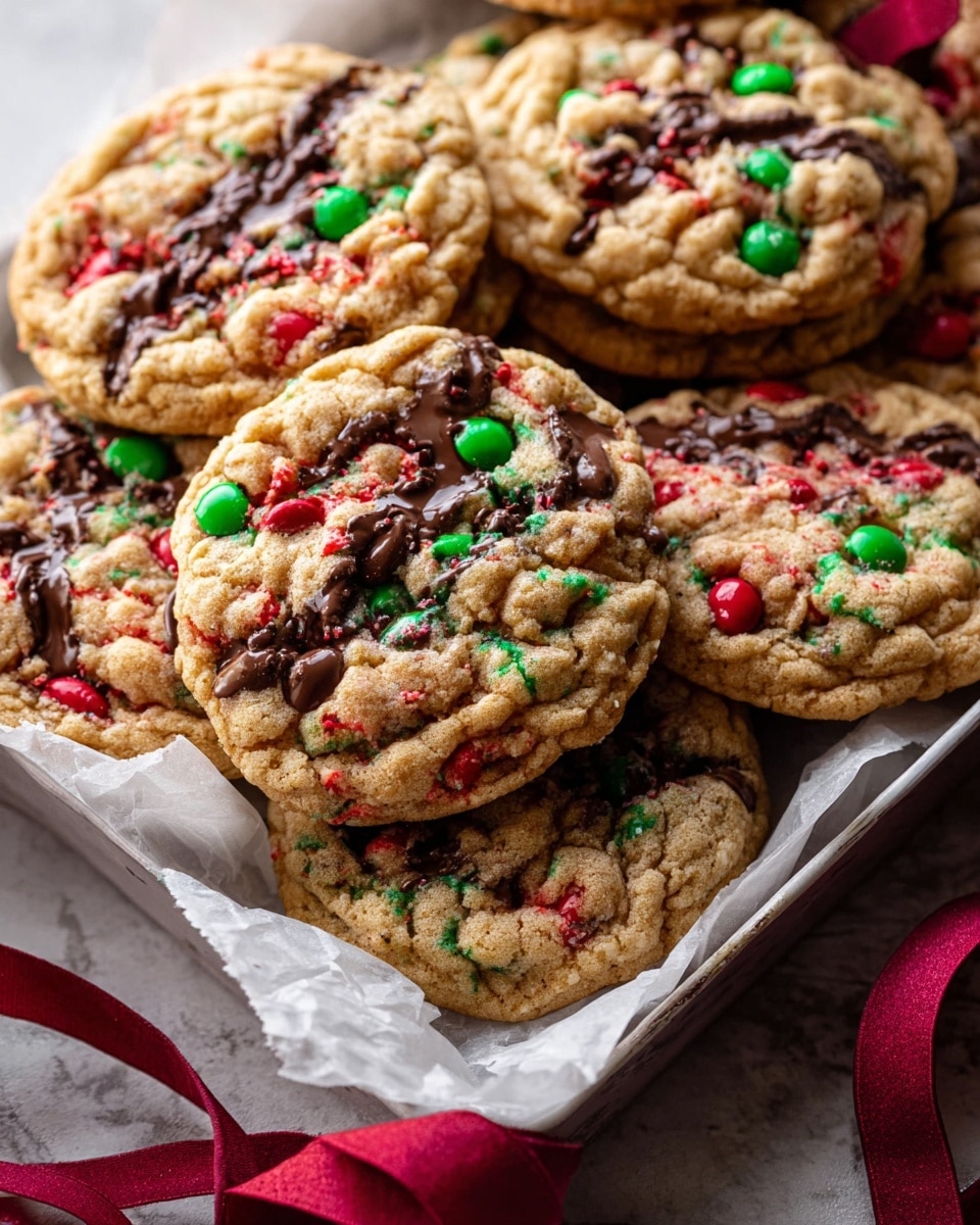 A close-up view of thick homemade cookies with a rough, slightly bumpy texture. The cookies have a golden brown outer edge with a softer, lighter brown center scattered unevenly with small, round, red and green candy pieces embedded on top and within. Some dark brown melted chocolate swirls are visible throughout the cookie dough, adding a rich contrast. The cookies are piled on a white tray with a crumpled deep red velvet ribbon beside them, all set against a white marbled surface. photo taken with an iphone --ar 4:5 --v 7