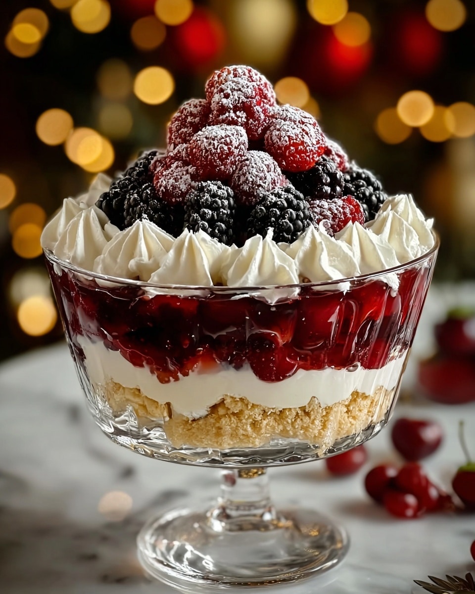The dessert is a layered trifle served in a clear glass bowl on a short pedestal. The bottom layer is a crumbled light beige cake or biscuit base with a soft, crumbly texture. Above this is a thick layer of smooth white cream. On top of the cream, there is a rich, glossy deep red fruit jelly or compote with visible pieces of fruit inside. This is topped with alternating dollops of white whipped cream around the edge, and in the center is a generous pile of fresh red cherries and blackberries dusted with powdered sugar, creating a contrast of deep red, black, and white colors. The dessert sits on a white marbled surface with warm, blurred golden lights in the background, giving it a festive look. photo taken with an iphone --ar 4:5 --v 7