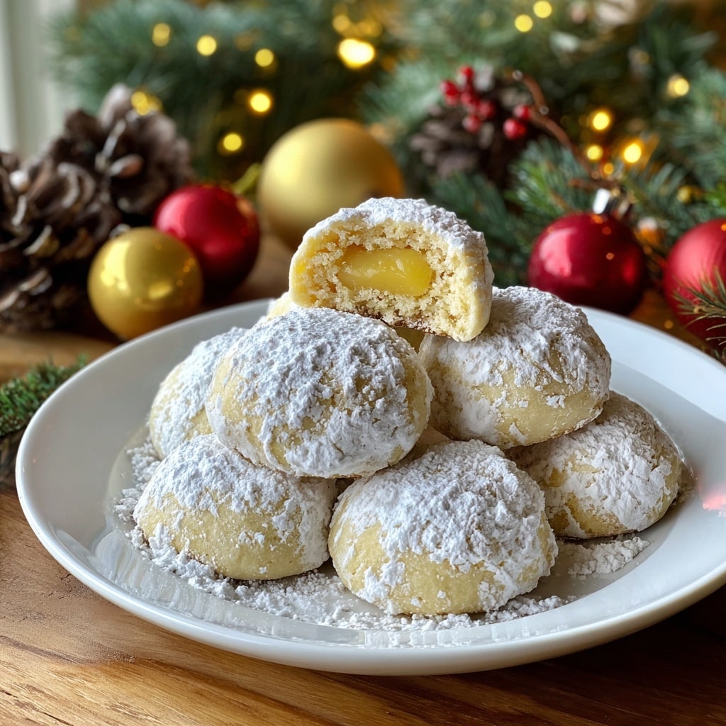 A white plate holds eight round cookies dusted with white powdered sugar. The cookies are pale yellow and soft-looking, with one cookie placed on top showing its inside filled with a smooth, yellow creamy center. The plate is set on a wooden surface with some greenery and blurry Christmas lights in the background, including pinecones and red and yellow decorations. photo taken with an iphone --ar 4:5 --v 7