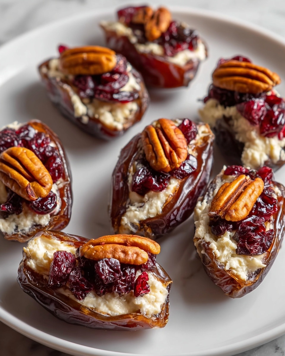 The image shows a white plate filled with seven stuffed dates arranged close together. Each date is split open and filled with a creamy white cheese layer that has a smooth and thick texture. On top of the cheese, bright red dried cranberries are scattered, adding a rough and wrinkled look. Each date is also topped with one shiny, brown pecan half, placed at the center, giving a crunchy texture contrast. The dates themselves are glossy and deep brown with slightly wrinkled skin, showing their softness. The plate is set on a white marbled surface. photo taken with an iphone --ar 4:5 --v 7