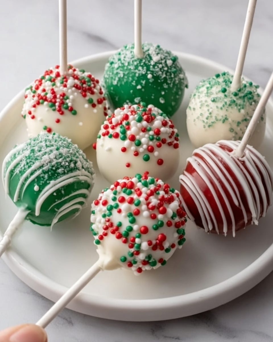 A white round plate holds seven cake pops, each on a white stick standing upright. The cake pops have smooth, shiny coatings: two are solid green with red round sprinkles on top; four are white with red, green, and white round sprinkles covering the upper half; one white cake pop is sprinkled with light green glitter-like sugar on top. The last one is red, drizzled with white stripes and topped with red and white small sprinkles. The plate sits on a white marbled textured surface. photo taken with an iphone --ar 4:5 --v 7