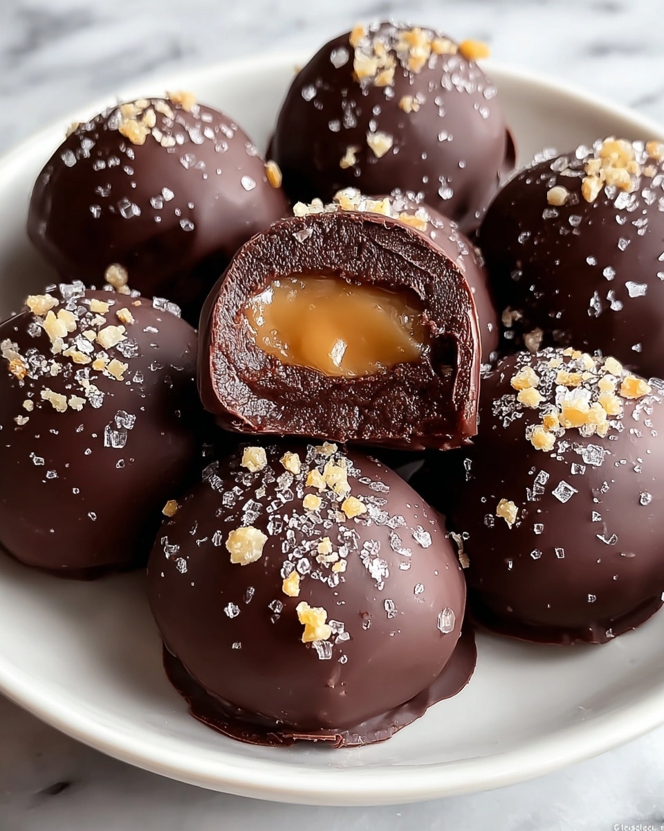 A close-up of round chocolate truffles arranged tightly together on a white marbled surface. Each truffle has a smooth, dark chocolate outer shell with three thin, parallel chocolate lines on top. They are sprinkled with coarse sea salt crystals that glisten under the light. The front truffle is cut in half, showing three layers: a shiny, golden caramel center, a thick, dark chocolate ganache layer surrounding it, and the smooth outer chocolate shell. The textures range from glossy and soft inside to smooth and firm outside. photo taken with an iphone --ar 4:5 --v 7