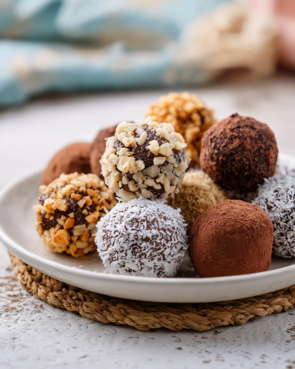 A white plate holds a mix of eight round dessert balls arranged close together, each with different coatings. Two balls near the front are coated with small chopped nuts, creating a rough, beige and light brown texture. Next to them, two balls have a dark brown crumbly coating, looking like cocoa powder or crushed cookies. Behind these, there are three more balls with varied coatings: one covered in a white powdery layer with dark specks, another with a light brown cocoa-like dust, and one with a smooth, slightly shiny, dark chocolate surface with a cut edge showing a creamy filling inside. The plate sits on a light brown textured cloth, and the background is a soft white marbled surface. Photo taken with an iphone --ar 4:5 --v 7