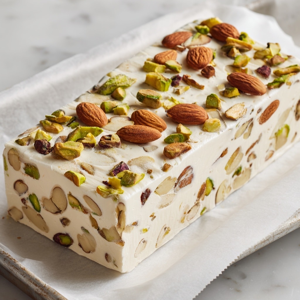 A rectangular block of white nougat with a smooth, slightly swirled texture on the top and visible nuts embedded inside and on the top layer. The nuts include whole almonds in a light to medium brown color and green pistachios, both whole and sliced, scattered evenly across the surface and throughout the white nougat base. The nougat rests on white parchment paper that lines a baking tray, with the tray's edges slightly visible. The background is a clean white marbled texture. photo taken with an iphone --ar 4:5 --v 7