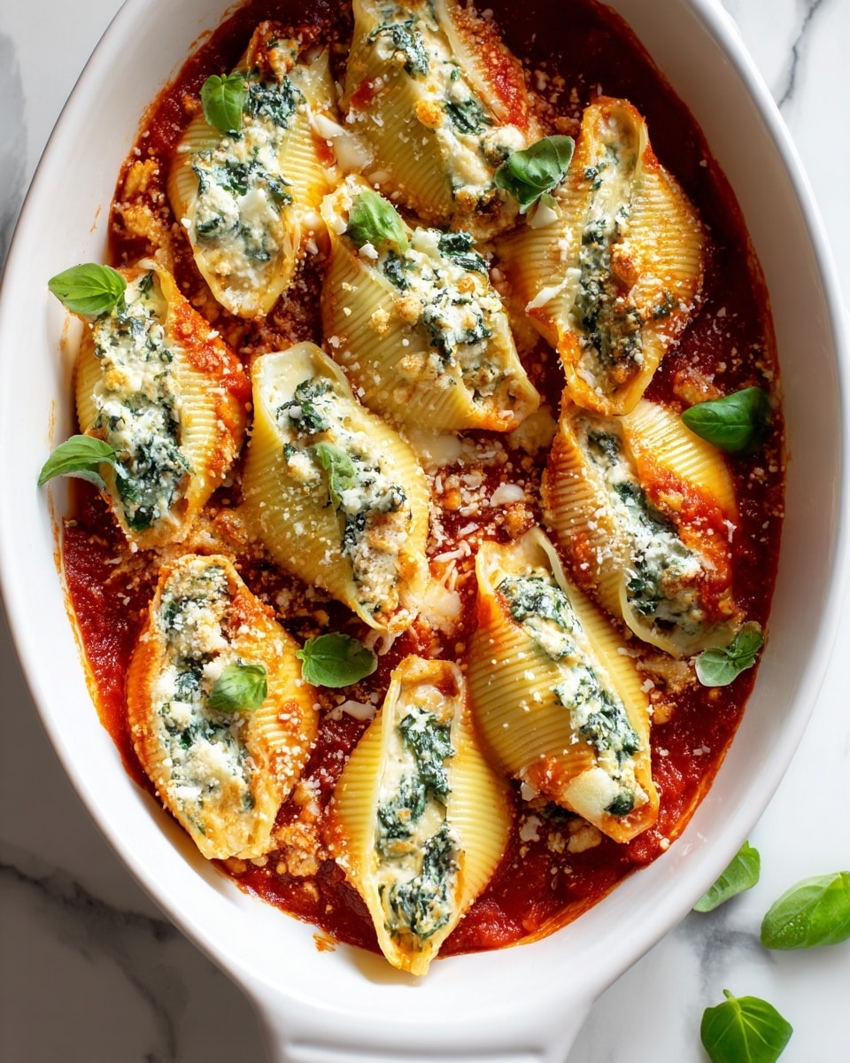 The image shows a white oval baking dish filled with large pasta shells stuffed with a green spinach and cheese mixture, covered with a medium layer of bright red marinara sauce. Each shell has melted white mozzarella cheese on top with some golden brown spots from baking and sprinkled white grated parmesan cheese. Fresh green basil leaves are placed on top for garnish. The dish sits on a white marbled surface with a few basil leaves scattered around. photo taken with an iphone --ar 4:5 --v 7