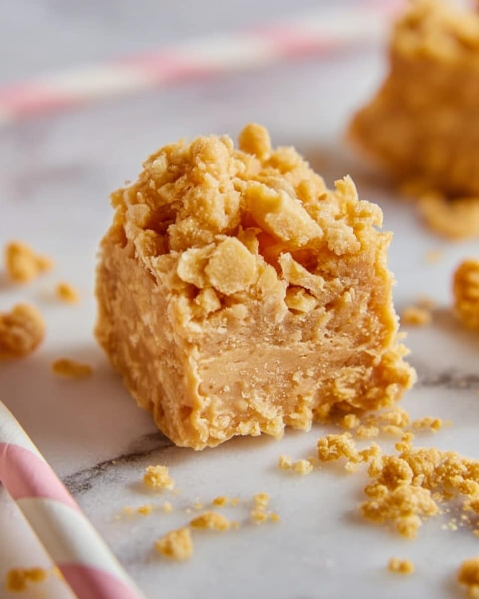 A close-up image of a textured, round cluster made from light brown and golden crunchy cornflakes held between woman's thumb and index finger, showing the rough texture and layers of cereal pieces stuck together; the background features more blurred clusters and scattered cornflakes on a white marbled surface. photo taken with an iphone --ar 4:5 --v 7