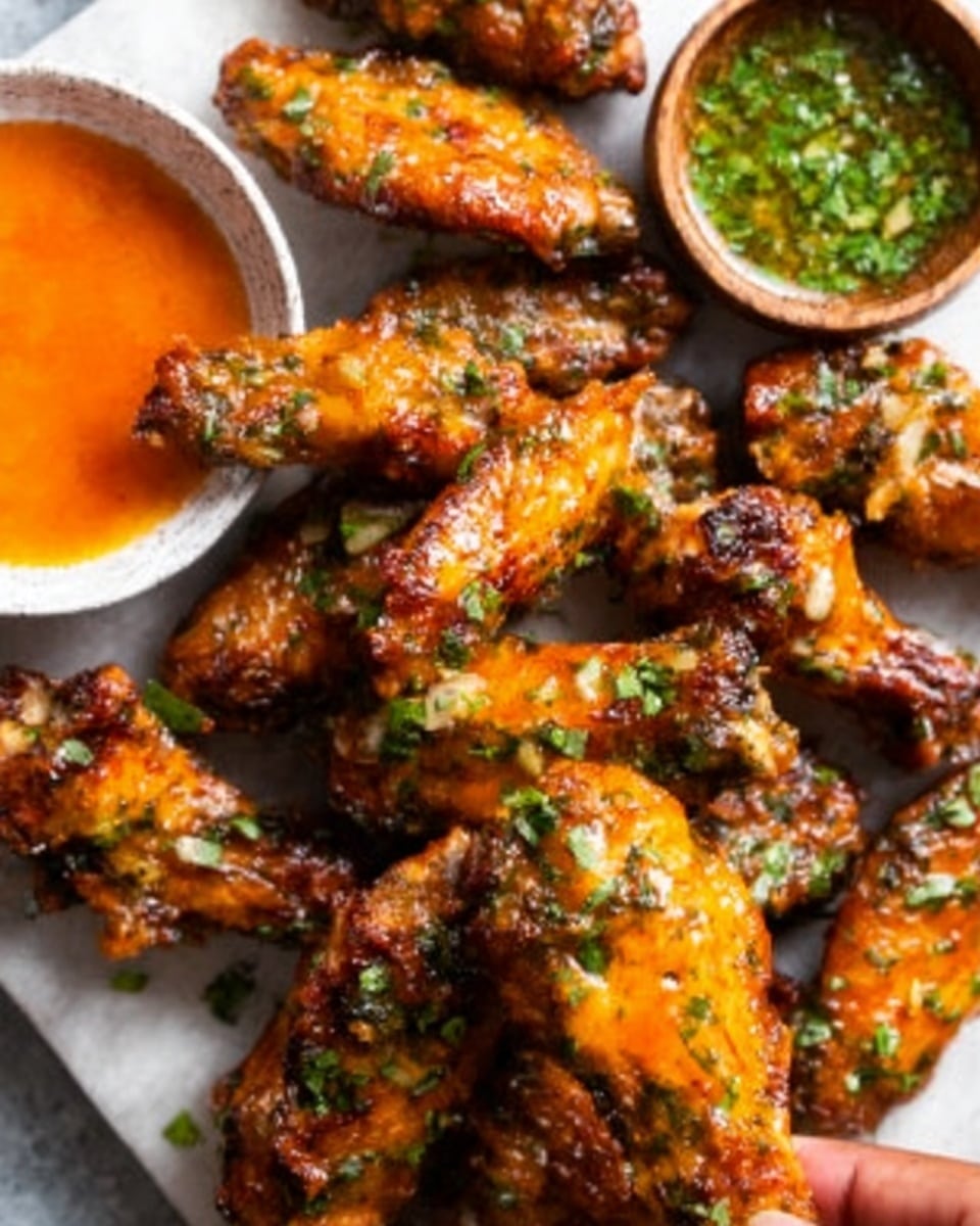 The image shows a close-up of several crispy chicken wings coated in a shiny, sticky orange sauce, arranged on a white plate over a white marbled surface. The wings are garnished with small green chopped herbs sprinkled evenly on top. Near the chicken wings, there is a bowl filled with a bright orange dipping sauce and another bowl with green sauce, both placed on the white marbled background. A woman's hand is slightly visible holding one of the chicken wings. The textures of the chicken are crispy and glossy, with the sauces adding a smooth contrast. Photo taken with an iphone --ar 4:5 --v 7