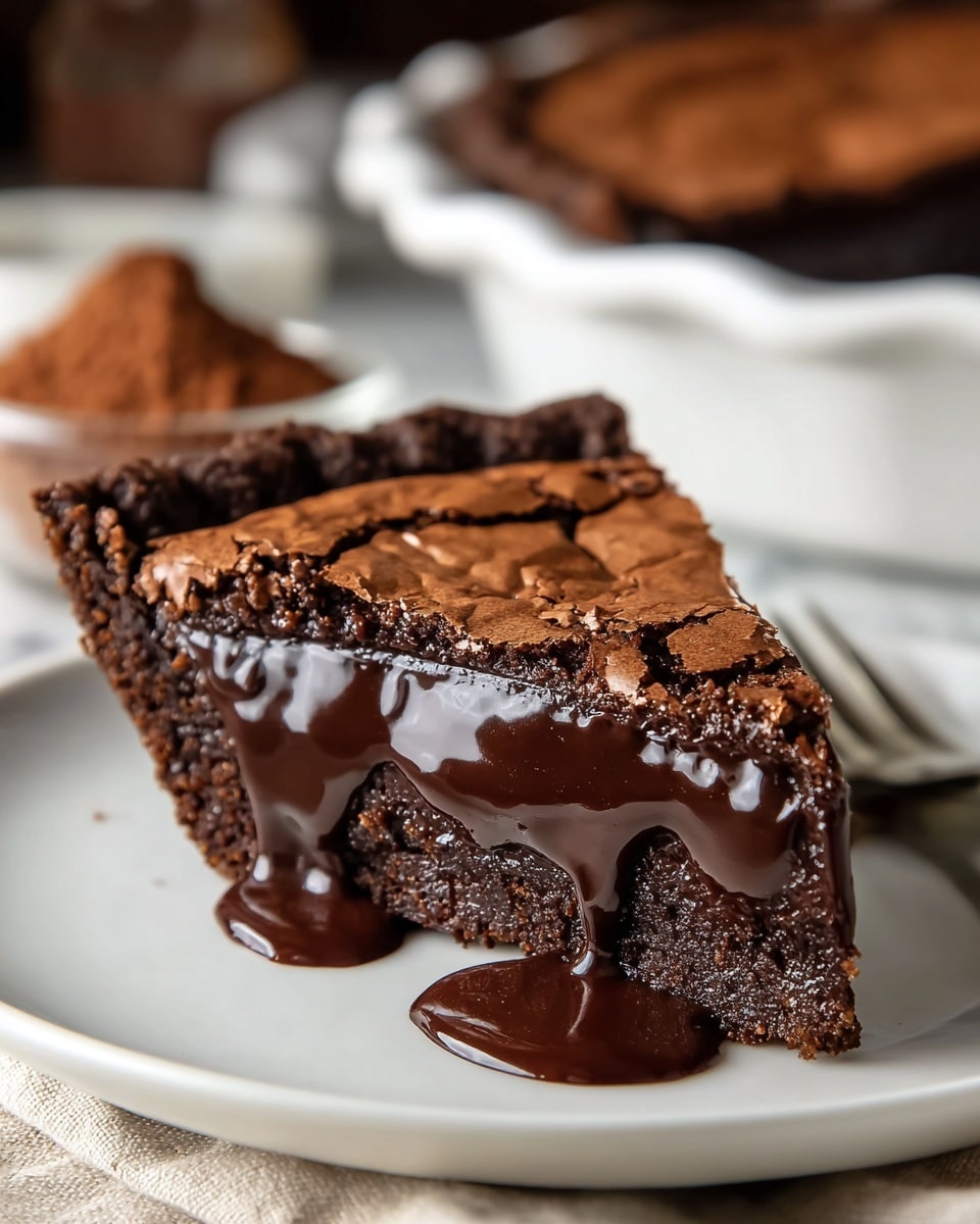 A slice of rich chocolate pie with three visible layers sits on a white plate; the bottom layer is a dark chocolate crust, crumbly in texture, followed by a thick, glossy, gooey dark chocolate filling that looks smooth and shiny, topped with a cracked, slightly dry chocolate layer with a matte finish, creating a crunchy texture contrast; a few drops of thick chocolate sauce are drizzled on the plate near the front of the slice; in the background, there is a larger pie dish filled with more pie and a bowl with cocoa powder, all placed on a white marbled surface. photo taken with an iphone --ar 4:5 --v 7