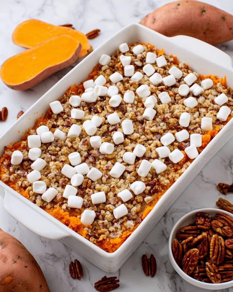 Sweet Potato Casserole with Pecan Topping and Marshmallows Recipe