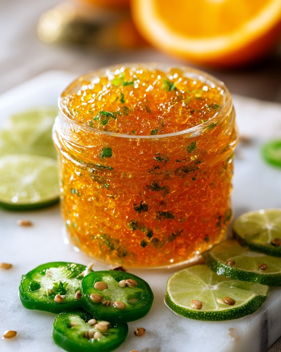 A clear glass jar filled with a bright orange jelly-like jam that has small green bits and seeds mixed inside, sitting on a wooden board. Around the jar, there are slices of green lime and green jalapeño peppers with visible seeds. In the blurry background, a halved orange is visible. The scene is set on a white marbled surface. photo taken with an iphone --ar 4:5 --v 7