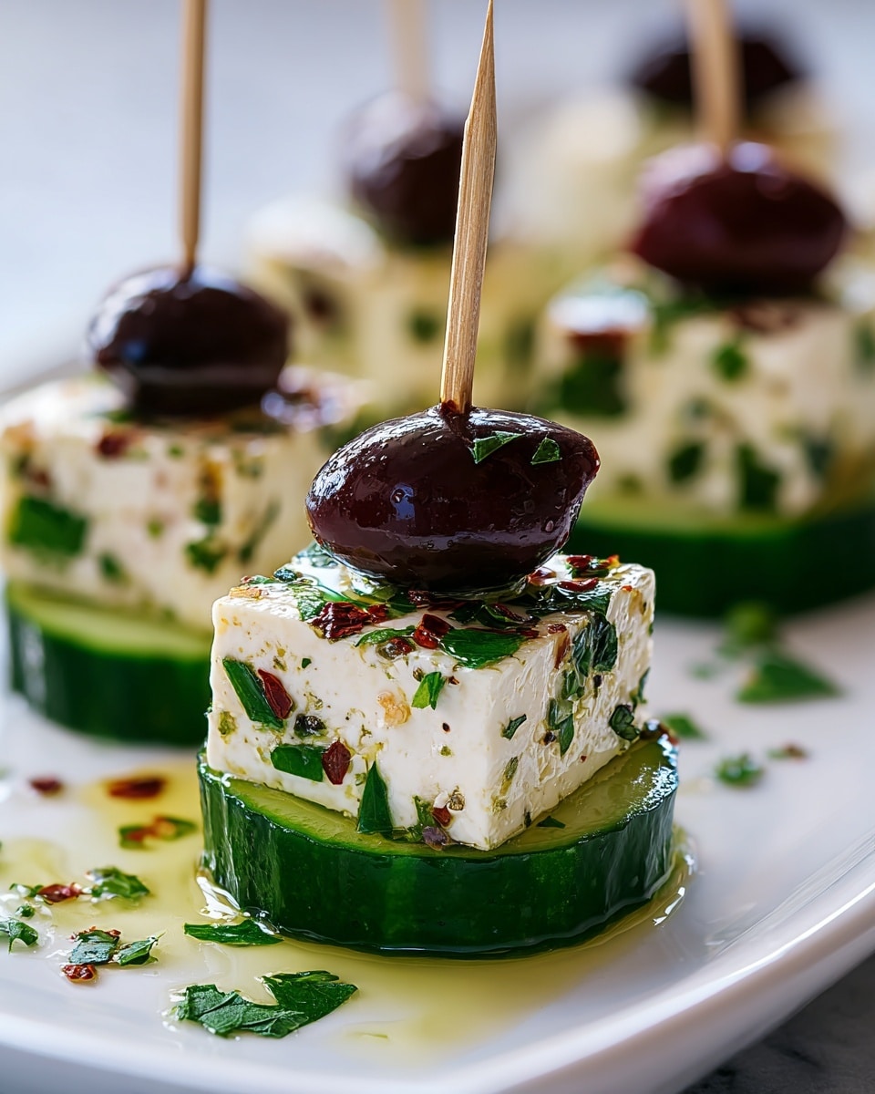 The image shows several small stack appetizers arranged in a row on a white plate placed over a white marbled surface. Each appetizer has three layers: at the bottom a thick round slice of dark green cucumber with a slightly glossy texture, in the middle a thick square piece of white feta cheese speckled with green herbs and red pepper flakes, and on top a shiny black olive pierced by a wooden toothpick. Drops of golden olive oil surround the stacks, and small green herb leaves are scattered around the plate. The photo taken with an iphone --ar 4:5 --v 7