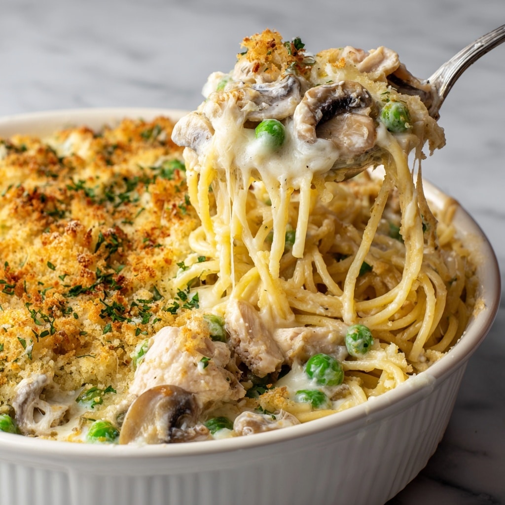 A close-up of a turkey tetrazzini casserole in a white bowl, showing creamy spaghetti noodles mixed with light tan chunks of turkey, small bright green peas, and slices of brown mushrooms. The top layer is golden yellow with a crumbly texture, likely melted cheese and breadcrumbs, creating a slightly crispy crust. A metal spoon is scooping into the casserole, lifting the noodles and ingredients. The background is a white marbled surface, adding a clean and fresh feel to the scene. Photo taken with an iphone --ar 4:5 --v 7