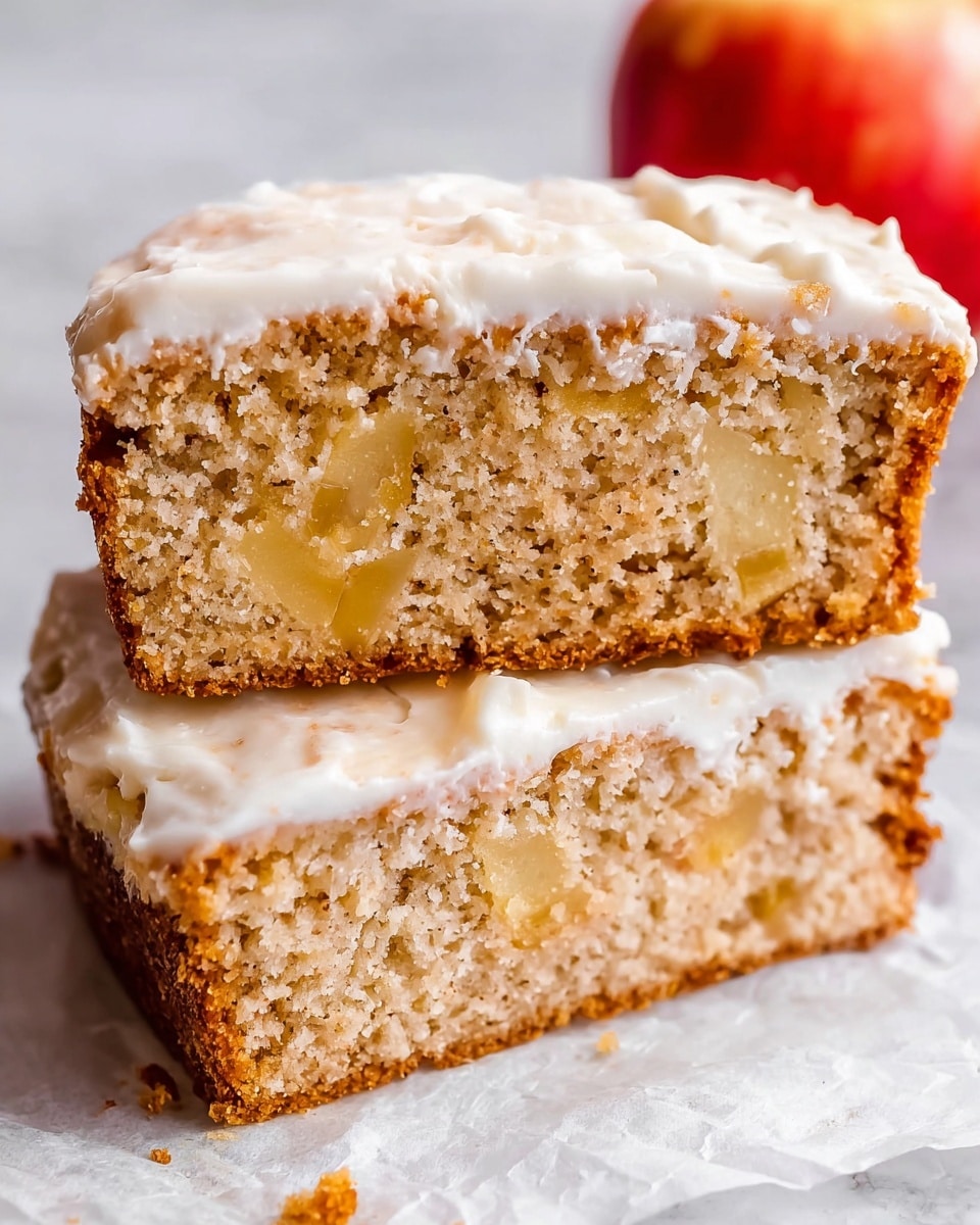 The image shows two slices of apple cake with a layer of white frosting in the middle and on the bottom edges. The cake is light brown with visible small chunks of yellow apple inside, giving it a moist and slightly crumbly texture. The frosting looks creamy and smooth, slightly melting at the edges, blending softly with the cake. The slices rest on white parchment paper placed on a white marbled textured surface, with a red apple partially visible on the right side. Photo taken with an iphone --ar 4:5 --v 7