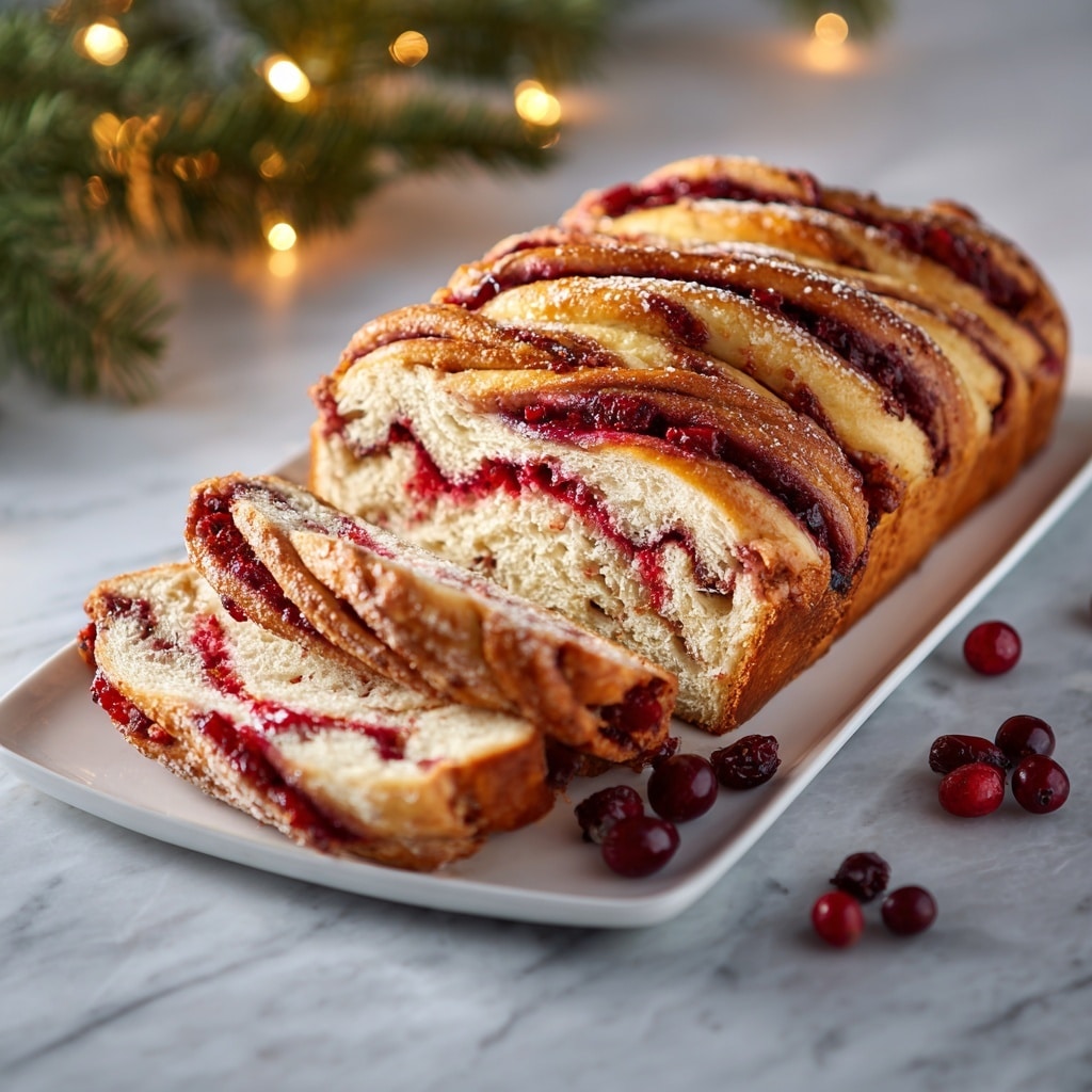 The image shows a sliced loaf with three visible layers of light golden bread with a soft texture, filled with a dark red, thick berry jam that creates swirled patterns throughout each slice. The jam layers, shiny and rich in color, contrast with the pale bread, making the swirls very clear. The bread sits on a white rectangular tray placed on a white marbled surface, with a few scattered dark red berries adding a natural touch. The loaf is cut into thick slices, with the front slice slightly tilted toward the camera, showing the rich layers inside. Photo taken with an iphone --ar 4:5 --v 7