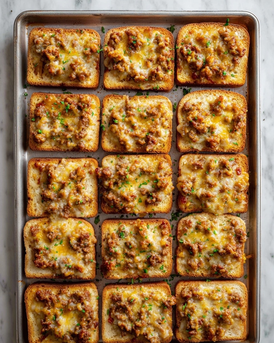 A metal baking tray holds sixteen square toasted bread slices, each topped with a thick layer of melted golden cheese mixed with browned ground sausage pieces. The cheese topping is bubbly and slightly crispy with some browned spots, scattered with small bits of green herbs. The toasts are evenly spaced in neat rows, and some herbs are also sprinkled on the white marbled surface visible around the edges of the tray. photo taken with an iphone --ar 4:5 --v 7