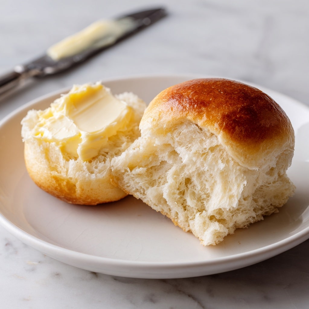 The image shows a small, soft bread roll cut in half placed on a white plate. The bottom half of the roll is spread with smooth, creamy butter that glistens slightly, while the top half of the roll, golden brown and shiny, rests beside it. In the background on the white marbled surface, there is a knife with some butter on its blade. The texture of the bread looks light and fluffy, and the scene is simple and cozy. photo taken with an iphone --ar 4:5 --v 7