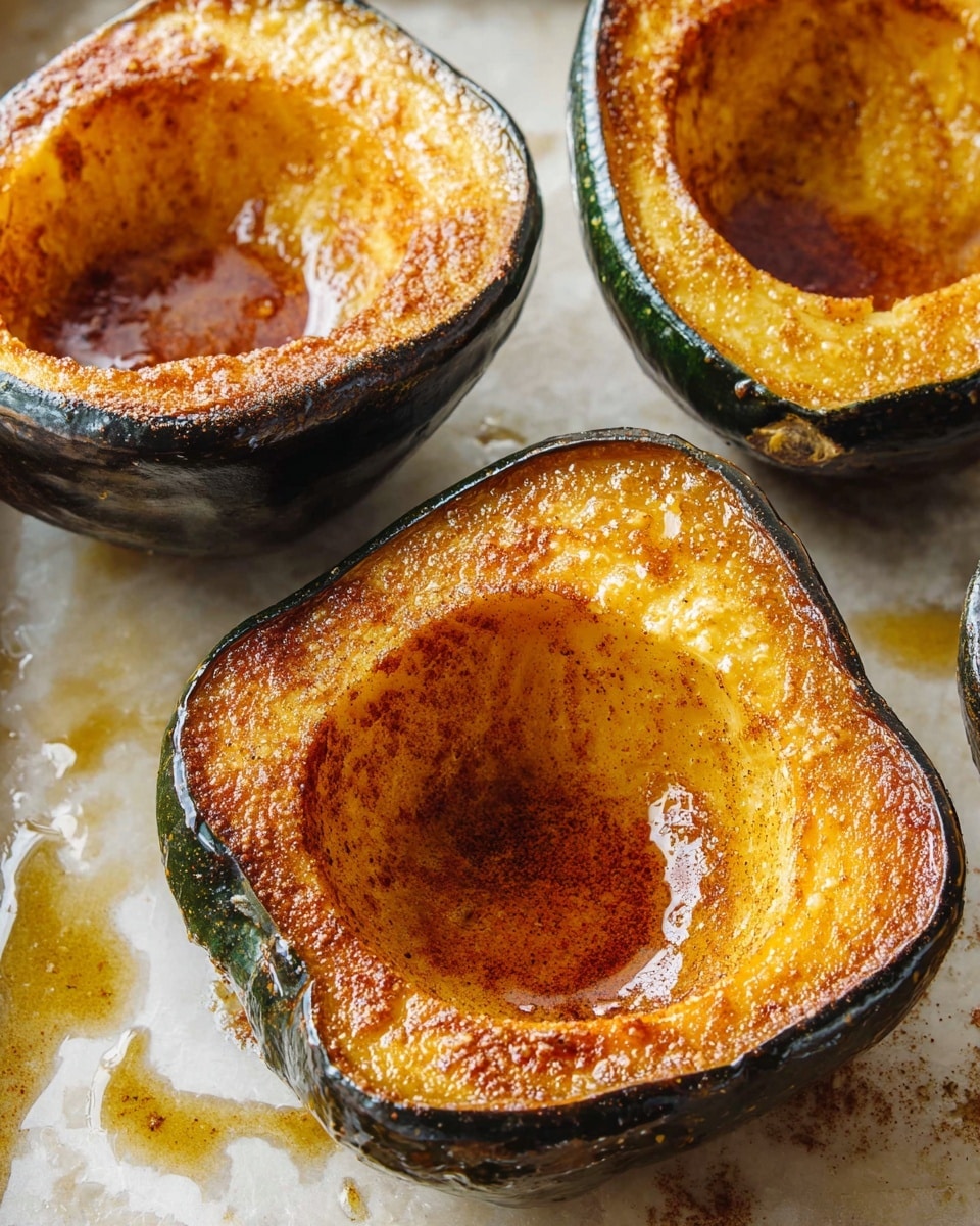 The image shows several acorn squash halves roasted and placed on a white marbled surface. Each squash half has a dark green outer skin and a golden-yellow inner flesh that is soft and slightly caramelized, with a glossy layer of melted butter and cinnamon settling in the hollow center. The texture of the flesh looks smooth and tender, with some areas showing a light crust from roasting. The squash halves are arranged close together, with a warm, inviting tone emphasizing the orange-brown spices and oily shine on top. photo taken with an iphone --ar 4:5 --v 7