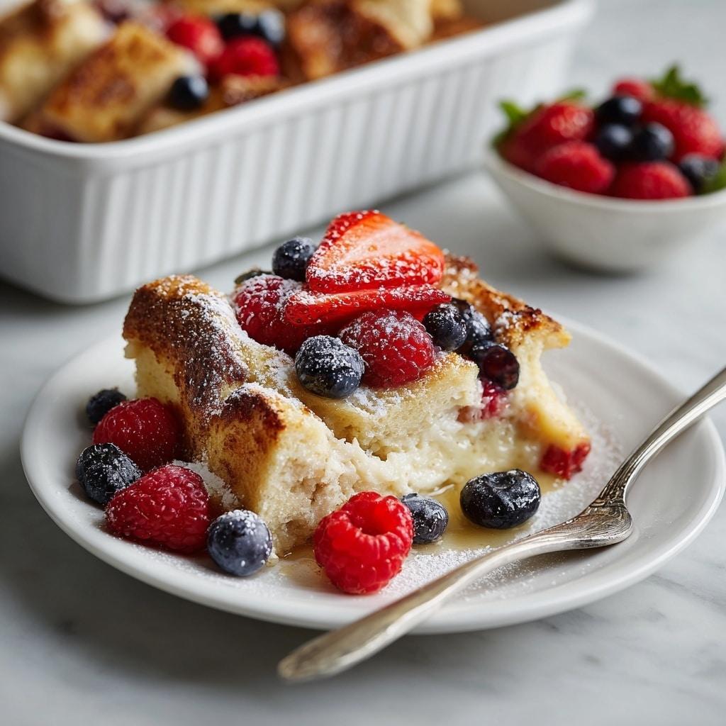 A close-up of a dish showing three main layers: at the bottom, golden brown, crispy croissant pieces with flaky textures; scattered on top are bright red raspberries, sliced strawberries with red and white interiors, deep blue blueberries, and dark purple blackberries; the topmost layer is a fine dusting of white powdered sugar falling gently from a metal sieve above, adding a soft texture and white contrast across the colorful berries and croissants. The dish is presented in a white bowl placed on a white marbled surface. photo taken with an iphone --ar 4:5 --v 7