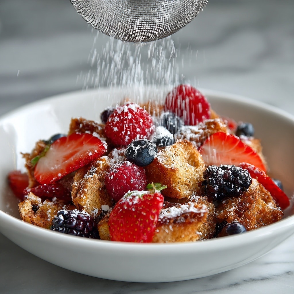 A slice of bread pudding sits on a white plate with a silver fork beside it, resting on a light wood surface. The bread pudding shows a golden-brown crispy top layer with a soft, creamy inside layer visible on the side. On top of the pudding, there is a colorful mix of fresh berries: bright red strawberries sliced thin, plump dark blueberries, and vibrant red raspberries, some of which also spill onto the plate. A light dusting of powdered sugar adds a delicate white touch over the berries and bread pudding. In the background, a white baking dish filled with more of the bread pudding and berries is partly visible on a white marbled texture surface. photo taken with an iphone --ar 4:5 --v 7
