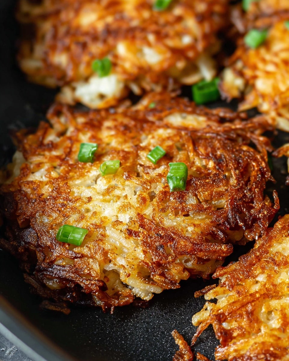 The image shows a close-up of crispy golden-brown hash browns cooking in a black pan. The hash browns have a rough, uneven texture with shredded potato strands, some parts darker brown and crunchy while others are lighter and softer. Small pieces of green onions are sprinkled on top, adding bright green spots. A wooden spoon is holding up one of the hash browns, showing its layered, crispy edges and slightly thicker middle. In the background, strips of cooked bacon with reddish brown and orange hues rest on a white paper towel. The whole scene is set against a white marbled surface. Photo taken with an iphone --ar 4:5 --v 7