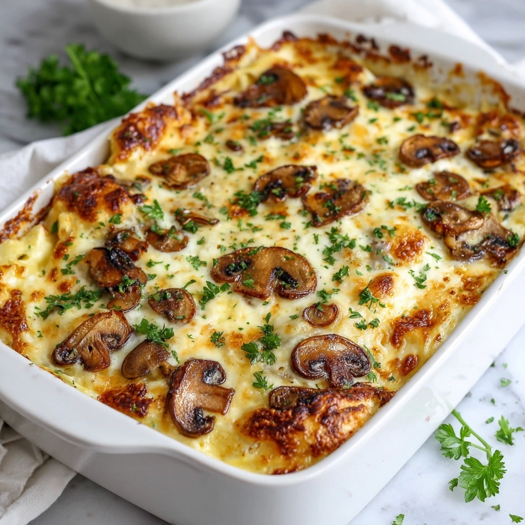 A white baked dish filled with layers starting from a base of creamy sauce, topped with a thick blanket of melted cheese that is golden brown in spots. Scattered on top and partially embedded in the cheese are slices of cooked mushrooms, which are light to dark brown with a soft texture. Small green parsley leaves are sprinkled across the surface, adding a touch of color. The dish is set on a white marbled background, with a blurred bowl in the distance. photo taken with an iphone --ar 4:5 --v 7