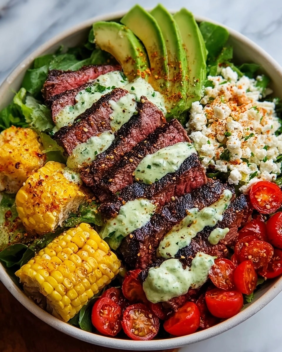 A white bowl holds a colorful layered meal starting with a bed of green leafy lettuce at the bottom. On top, there are five slices of grilled steak arranged diagonally in the center, each slice showing a pinkish interior and dark seared edges, drizzled with a creamy green herb sauce. To the left and bottom are three small grilled corn on cob pieces, golden yellow with light char marks. On the top right, several bright red cherry tomatoes are halved and sprinkled with seasoning. Just below the tomatoes, there is a mound of crumbly white cheese. Above the steak, there are sliced avocado pieces fanned out with a sprinkle of spices. The bowl rests on a white marbled surface. photo taken with an iphone --ar 4:5 --v 7