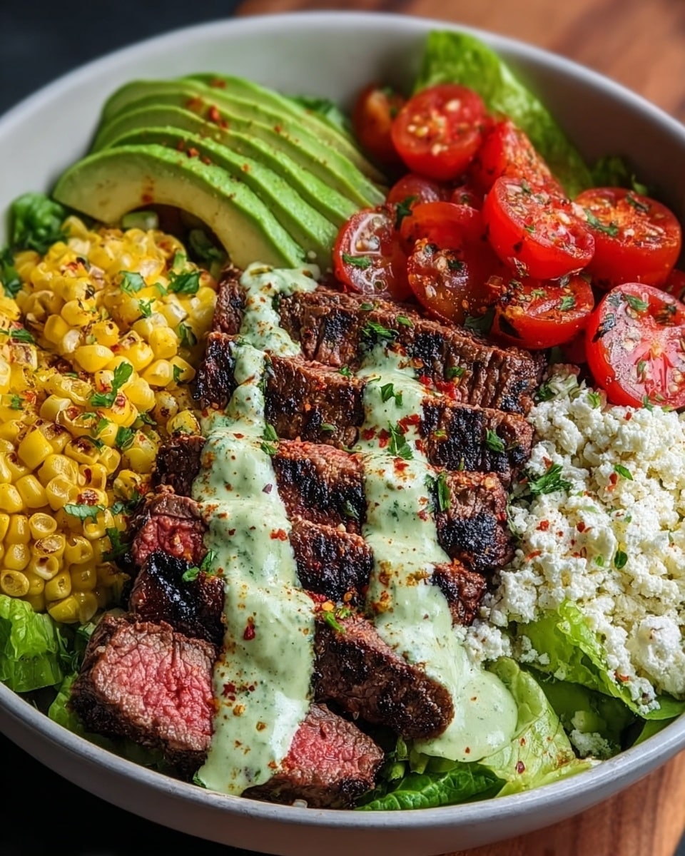 This dish is served in a white bowl filled with fresh green leafy lettuce as the base layer. On top, there are five thick slices of grilled steak with a charred crust and juicy pink inside, arranged in a neat row across the center. A creamy, light green sauce is drizzled over the steak. At the top right, there are several bright red cherry tomato halves, sprinkled with seasoning. To the left, bright yellow grilled corn on the cob sections sit side by side. Thin slices of green avocado fan out at the top center, also sprinkled with seasoning. Crumbled white cheese is piled on the right side next to the tomatoes. The whole dish is garnished with small green herb pieces and red seasoning flakes. photo taken with an iphone --ar 4:5 --v 7