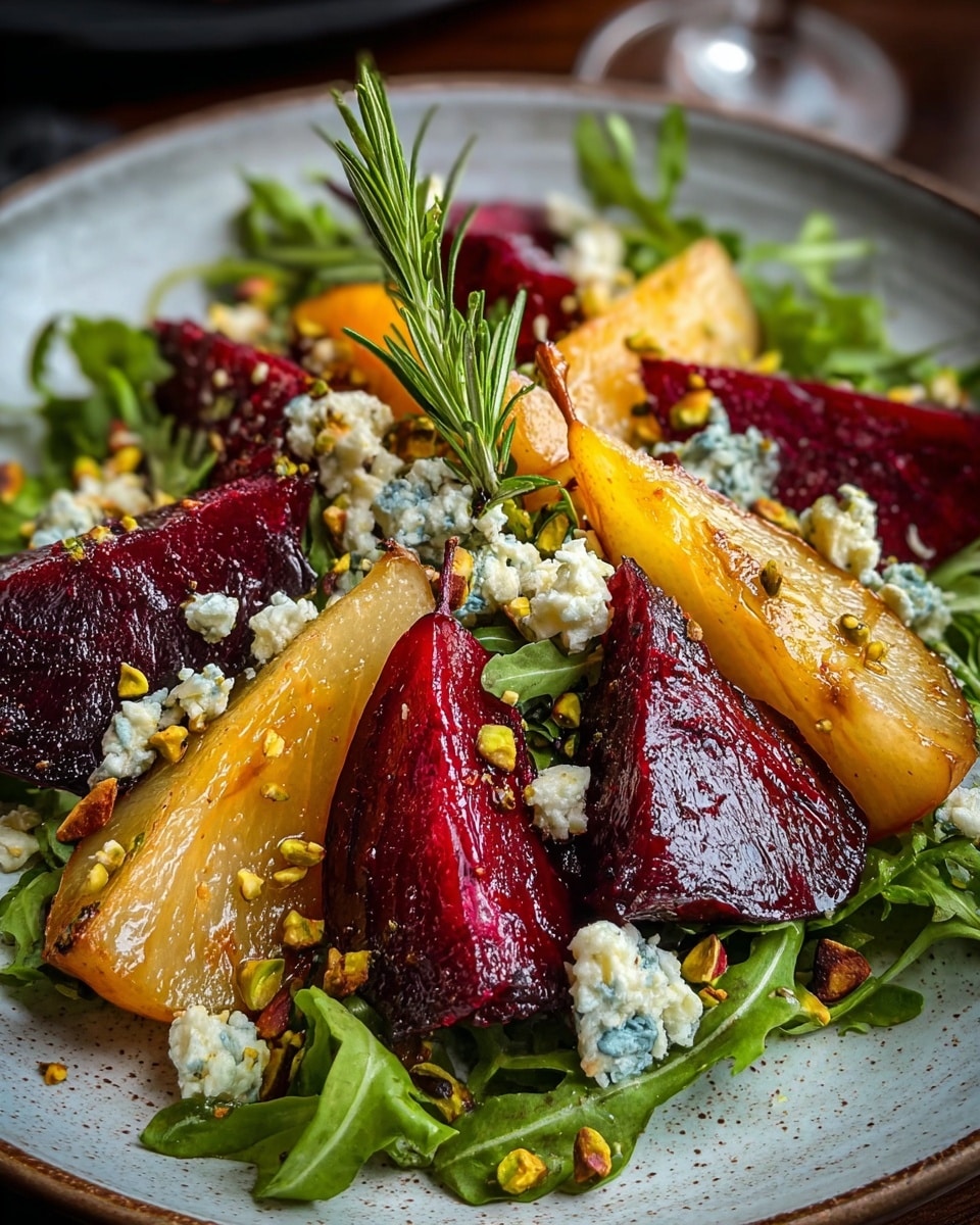 The dish is a salad served on a round white plate with a slightly rough texture. The base layer consists of fresh green arugula leaves filling the plate. On top are alternating wedges of deep red roasted beets and golden roasted pears, arranged evenly across the salad. Scattered on the salad are small crumbles of white and blue-veined cheese adding a creamy texture. There are also finely chopped green pistachios sprinkled over the dish, adding a bit of crunch and color contrast. A sprig of fresh green rosemary stands upright near the center, adding height and visual interest. The overall look is vibrant with red, yellow, green, and white colors all visible on a soft, fresh background. Photo taken with an iphone --ar 4:5 --v 7