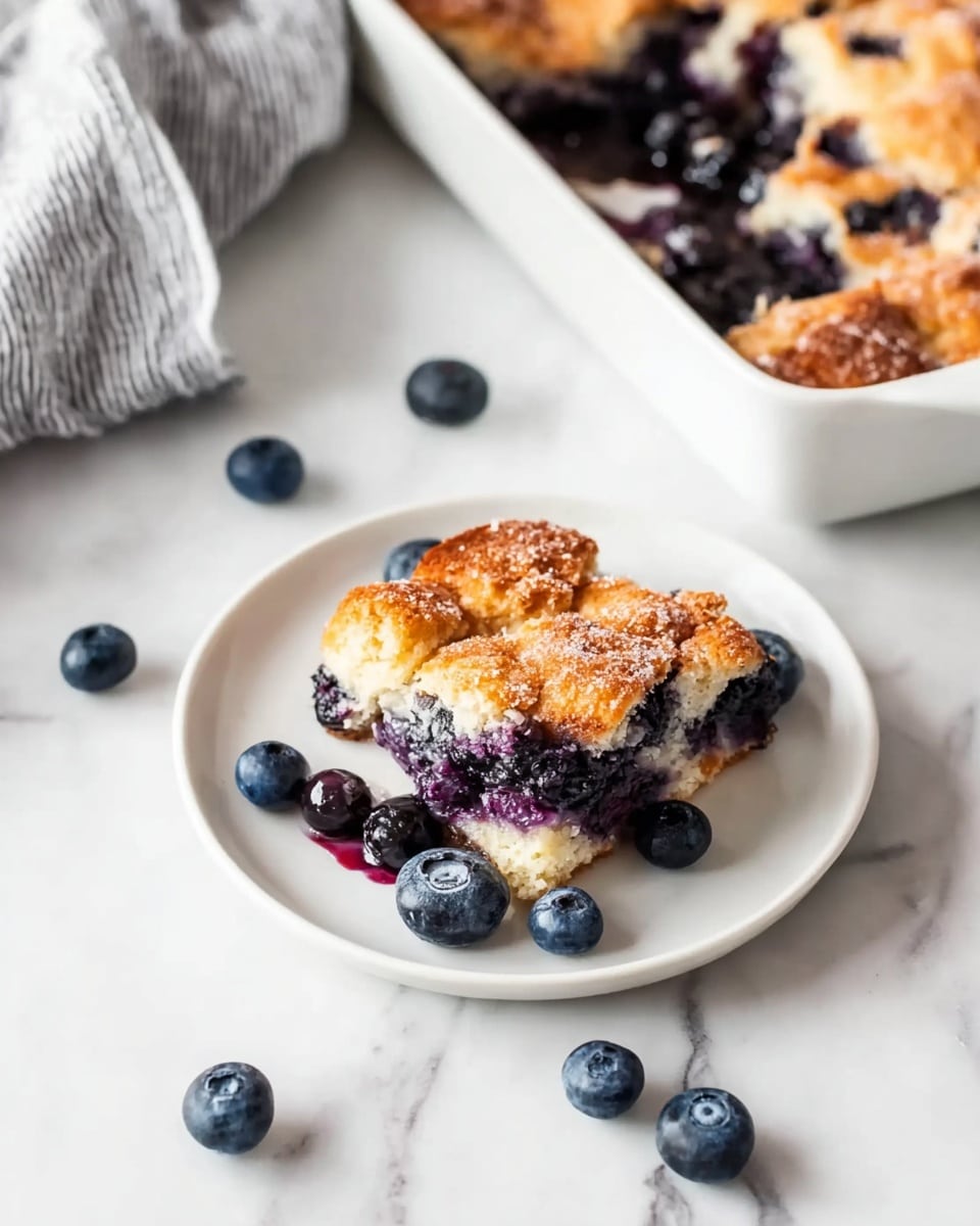 The image shows a square piece of blueberry cobbler on a white plate, placed on a white marbled surface. The cobbler has three layers: the top layer is golden brown and slightly crispy with sugar crystals visible, the middle layer is soft baked dough with scattered whole blueberries creating dark purple spots, and the bottom layer is rich blueberry filling with a thick, juicy texture. Around the plate are several fresh blueberries scattered casually. In the upper right corner, a white baking dish holds the rest of the cobbler, with the same golden top and dark blueberry filling bubbling around the edges. A soft gray and white striped cloth is partly visible on the left side, adding a cozy touch. Photo taken with an iphone --ar 4:5 --v 7