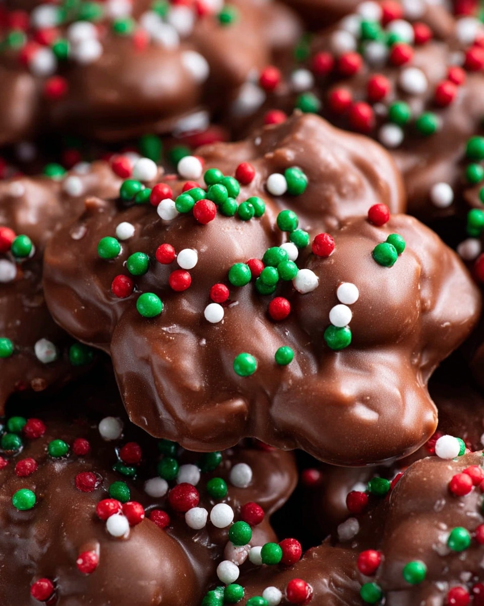 A festive red square tin filled with clusters of milk chocolate-covered treats, each piece topped with small round red, green, and white sprinkles. The chocolate clusters are textured with visible nuts or other bits inside, creating an uneven, bumpy surface. A woman's hand with red nail polish is reaching into the tin, gently picking up one of the clusters. The tin sits on a white marbled surface with a soft green cloth nearby and blurred festive decorations in the background. photo taken with an iphone --ar 4:5 --v 7