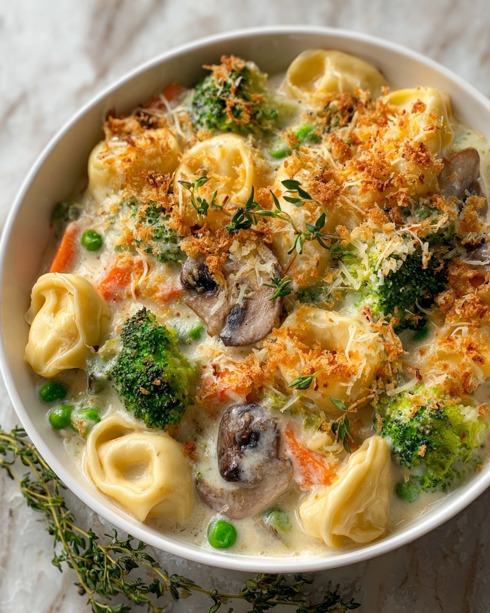 A white bowl is filled with a creamy vegetable tortellini dish showing three distinct layers: the bottom layer has pale yellow tortellini pasta with smooth, curved edges; the middle layer shows bright green broccoli florets, sliced brown mushrooms, sliced orange carrots, and small green peas mixed into the creamy white sauce; the top layer is sprinkled with golden brown toasted breadcrumbs and thin shreds of white cheese, garnished with small green thyme sprigs, all set against a white marbled textured surface. photo taken with an iphone --ar 4:5 --v 7