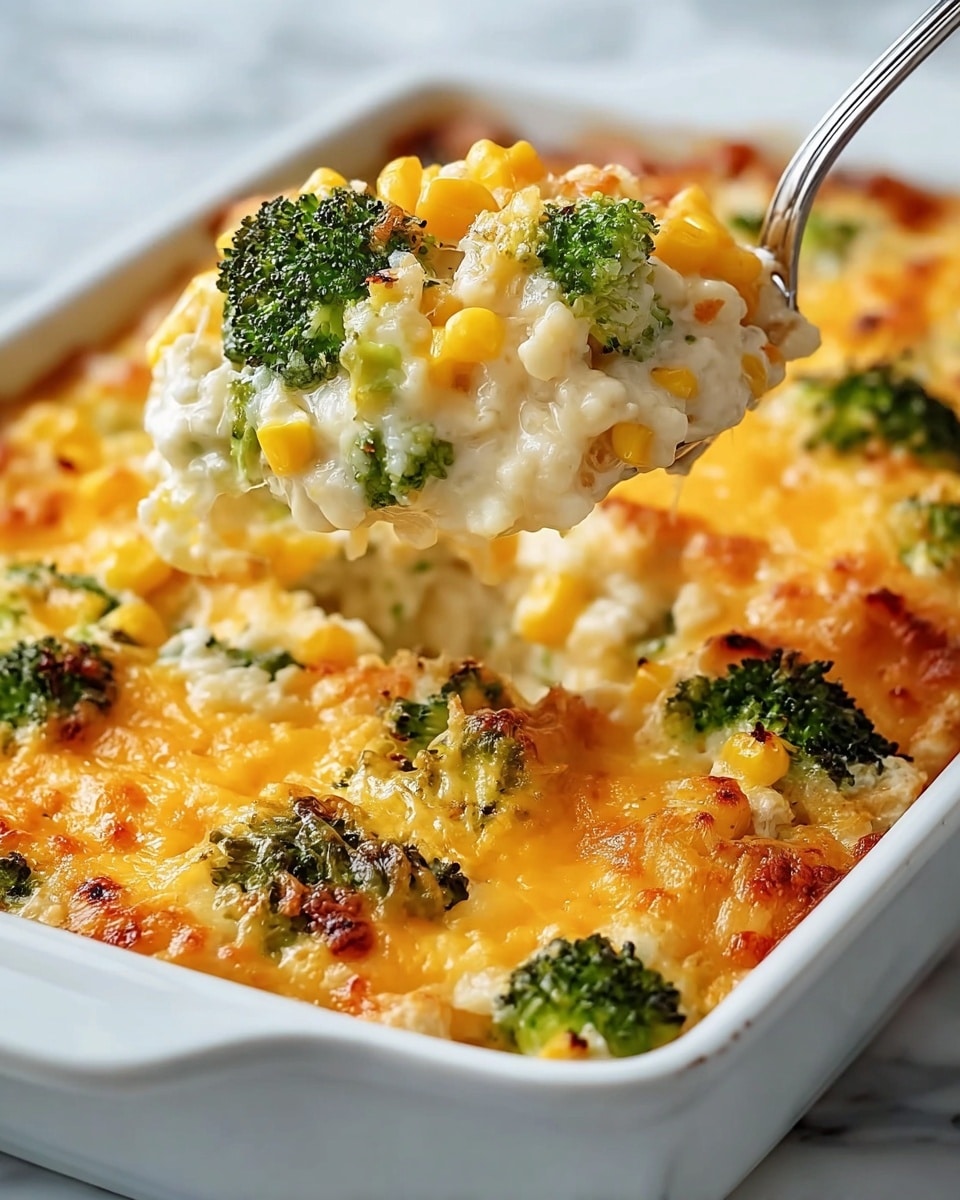 A close-up of a creamy casserole dish in a white baking dish, showing three layers: bright green broccoli pieces, small soft orange carrot cubes, and golden melted cheese on top with a slightly crispy texture. A silver spoon lifts a spoonful from the middle, revealing the creamy mix of broccoli, carrots, and cheese layers inside. The background is a white marbled texture. photo taken with an iphone --ar 4:5 --v 7