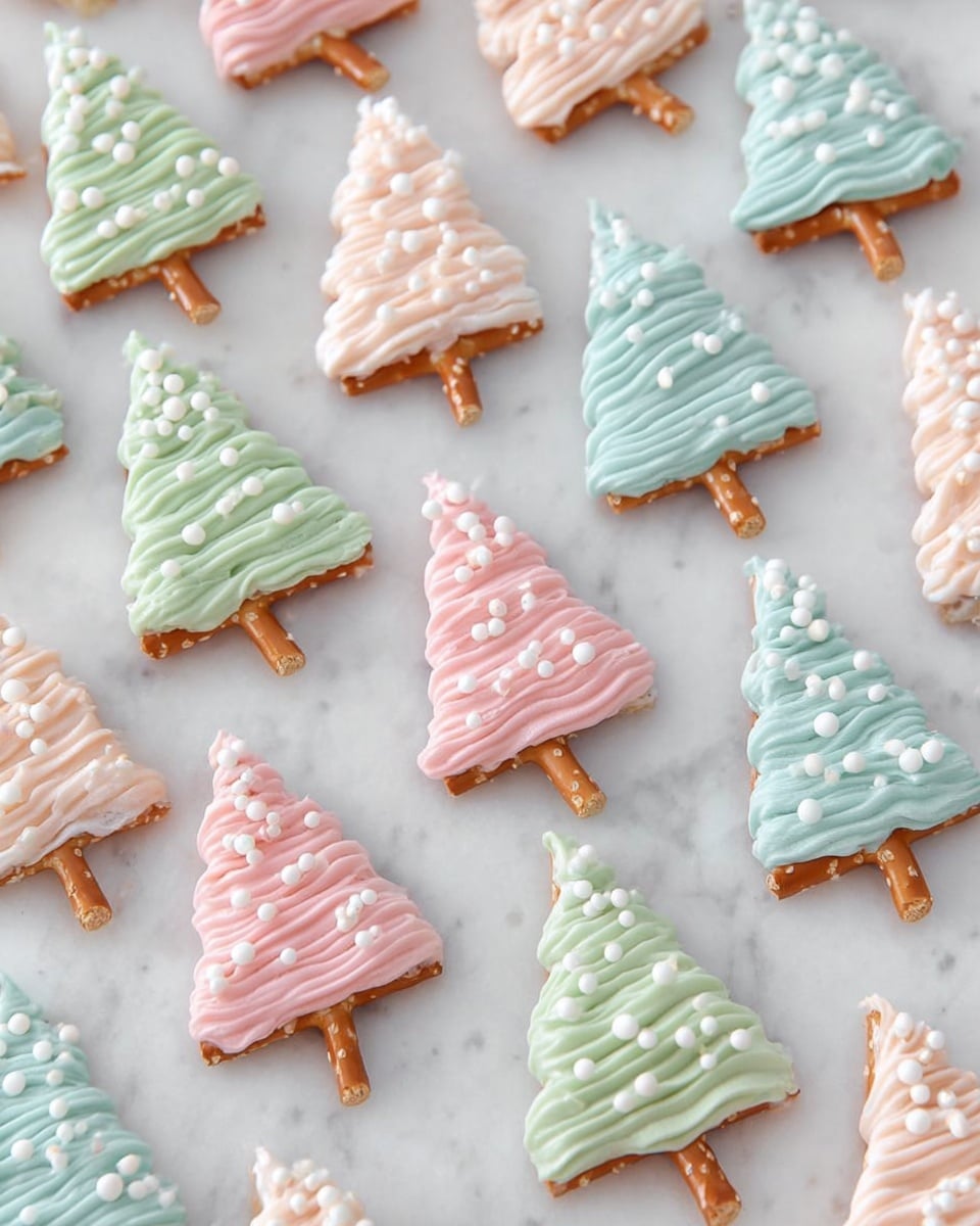 The image shows many tree-shaped treats arranged neatly on a white marbled surface. Each treat has three layers: a brown pretzel stick as the trunk at the bottom, a tree-shaped base covered with thick wavy icing in pastel colors like light green, soft pink, creamy white, and pale blue, and small white round sprinkles scattered evenly on the icing to look like ornaments or snow. The texture of the icing is smooth and swirly, giving a soft, fluffy look to the tree shapes. photo taken with an iphone --ar 4:5 --v 7