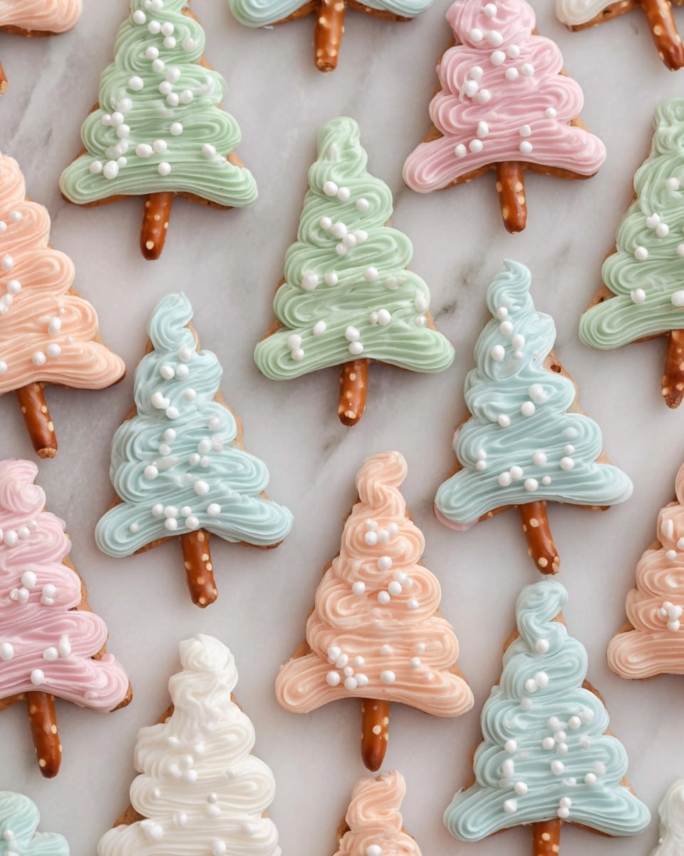 The image shows many small Christmas tree-shaped treats made from pretzel sticks for the trunks and a roughly triangular layer of pastel-colored frosting for the trees. The frosting is textured with wavy lines in light green, pink, white, and light blue colors. Each frosting tree is decorated with small white round sprinkles that look like snow. The treats are neatly arranged on a white marbled surface in a scattered pattern. photo taken with an iphone --ar 4:5 --v 7