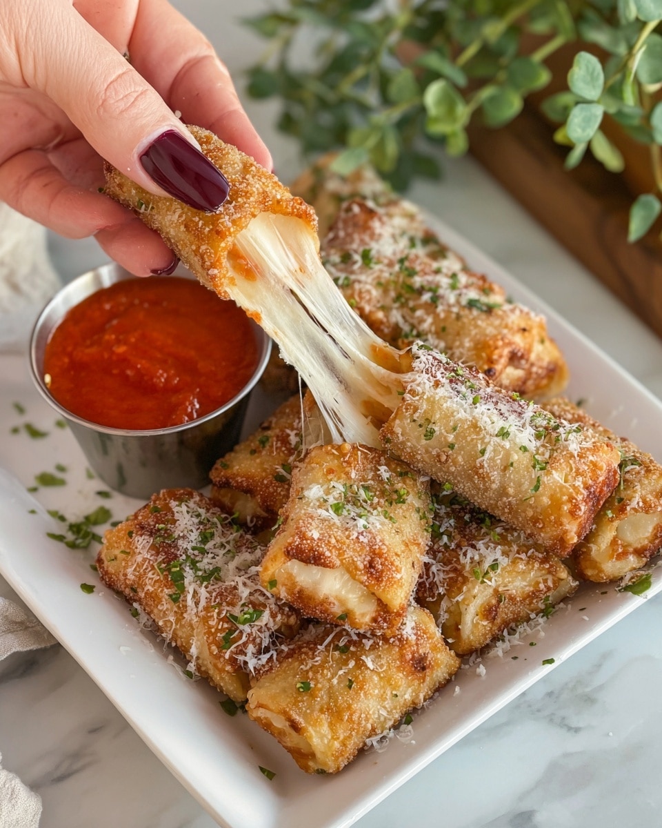 The image shows a white rectangular plate filled with golden-brown, crispy cheese-filled rolls, sprinkled with finely grated white cheese and small green herb pieces. In the background of the plate, there is a small round stainless steel container of bright red marinara sauce. A pair of woman’s hands with dark maroon nail polish is pulling apart one of the rolls, revealing gooey, stretchy melted cheese in the center. The plate sits on a white marbled surface, and some green plants are visible in the background. photo taken with an iphone --ar 4:5 --v 7