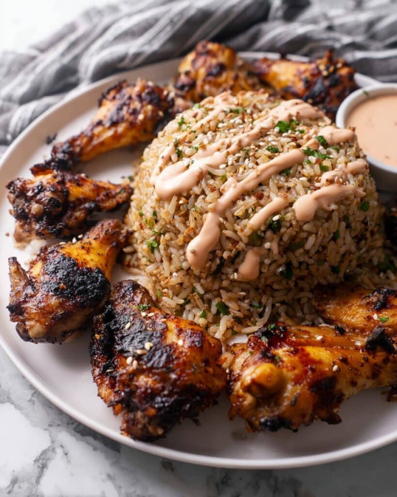 Griddled Chicken Wings with Spicy Fried Rice and Sesame Garnish Recipe
