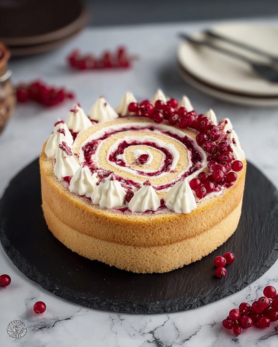 A round roll cake with multiple layers spiraling from the center outward, showing a light beige sponge cake alternating with a thin layer of deep red jam and a white cream layer. On top, there are white cream swirls placed near the outer edge with small clusters of bright red berries scattered around and on the cream dollops. The cake is set on a white marbled surface and rests on a round black slate serving board. In the background, there are blurred details of more white plates stacked on the white marbled surface. Photo taken with an iphone --ar 4:5 --v 7