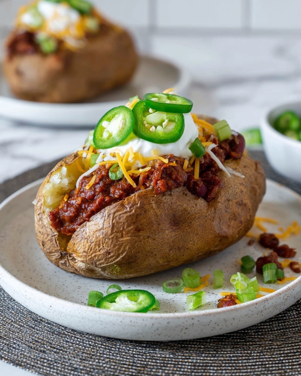 A baked potato with a brown, slightly crispy skin sits open on a white plate with small speckles, placed on a white marbled surface. The potato is filled with chunky, reddish-brown chili topped with melted shredded cheese that is yellow and white. On top, bright green sliced jalapeño peppers are layered along with a dollop of white sour cream. One extra sliced jalapeño piece rests on the plate next to the potato. Photo taken with an iphone --ar 4:5 --v 7