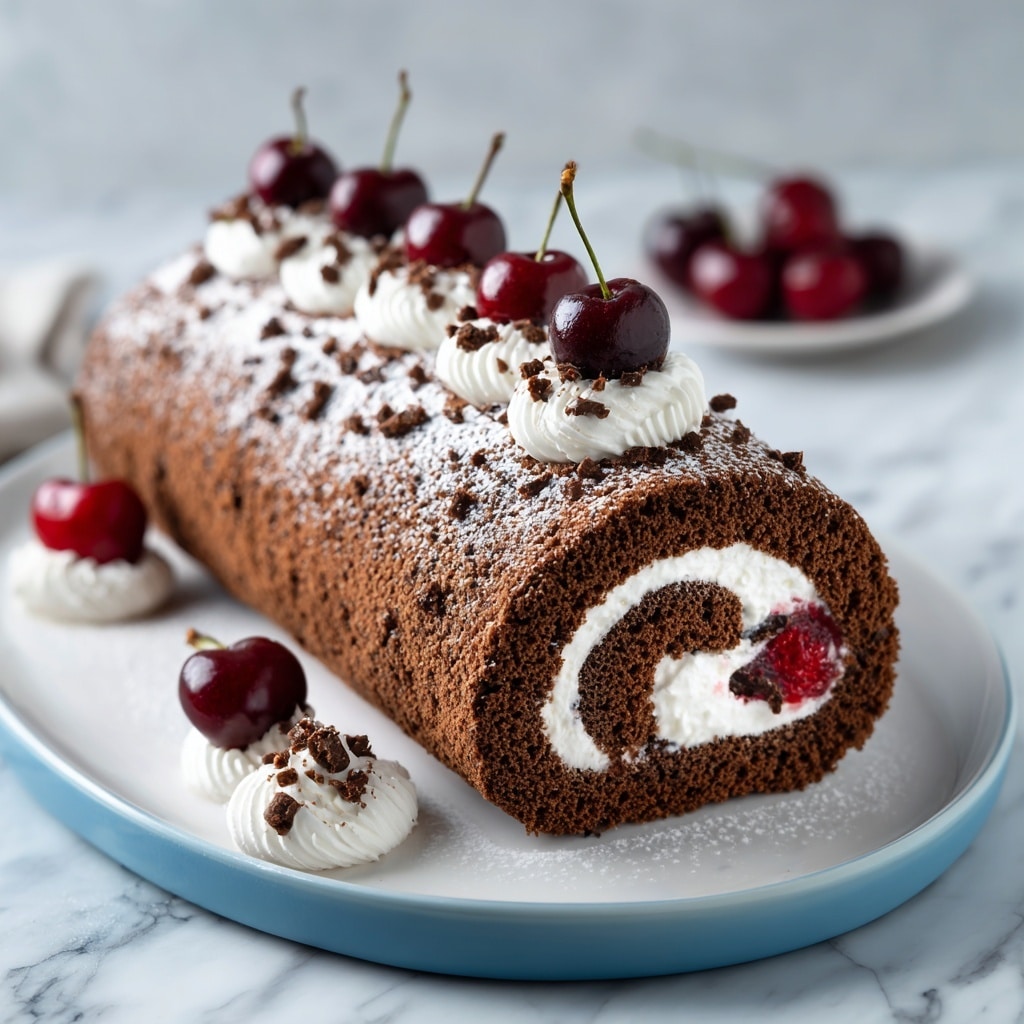 The image shows a chocolate roll cake on a white plate with a blue base, placed on a white marbled surface. The cake is made of one main layer of dark chocolate sponge rolled tightly with a swirl of white cream and red cherry filling inside. The top of the cake is dusted with powdered sugar and decorated with five white cream dollops evenly spaced, each topped with a dark red cherry and small chocolate bits. Near the plate, there are two cherries with stems resting on small white cream dollops. In the background, more dark red cherries can be seen slightly out of focus. photo taken with an iphone --ar 4:5 --v 7